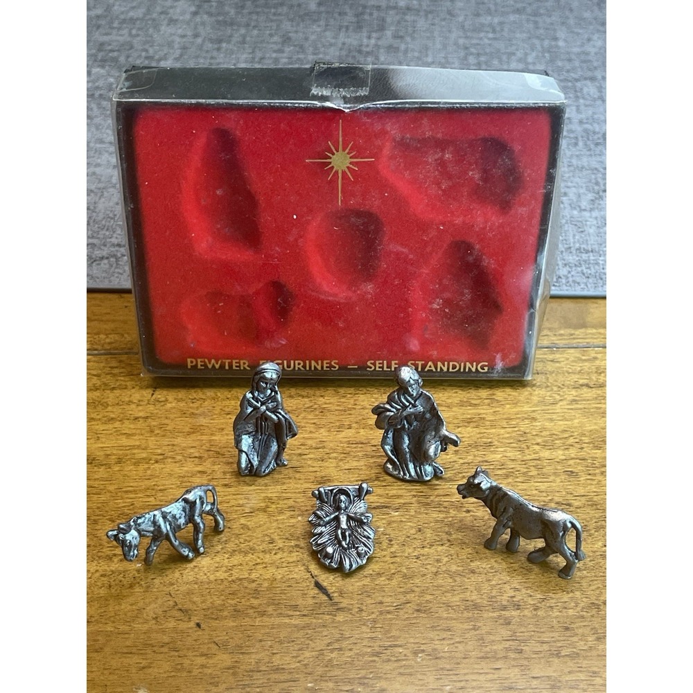 Vtg Miniature Pewter Christmas Nativity 5 Piece Set With Box 1.25"